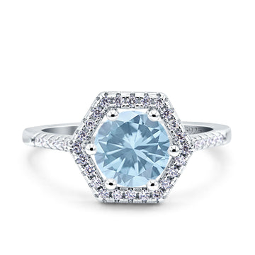Art Deco Hexagon Wedding Bridal Ring Round Simulated Aquamarine CZ 925 Sterling Silver
